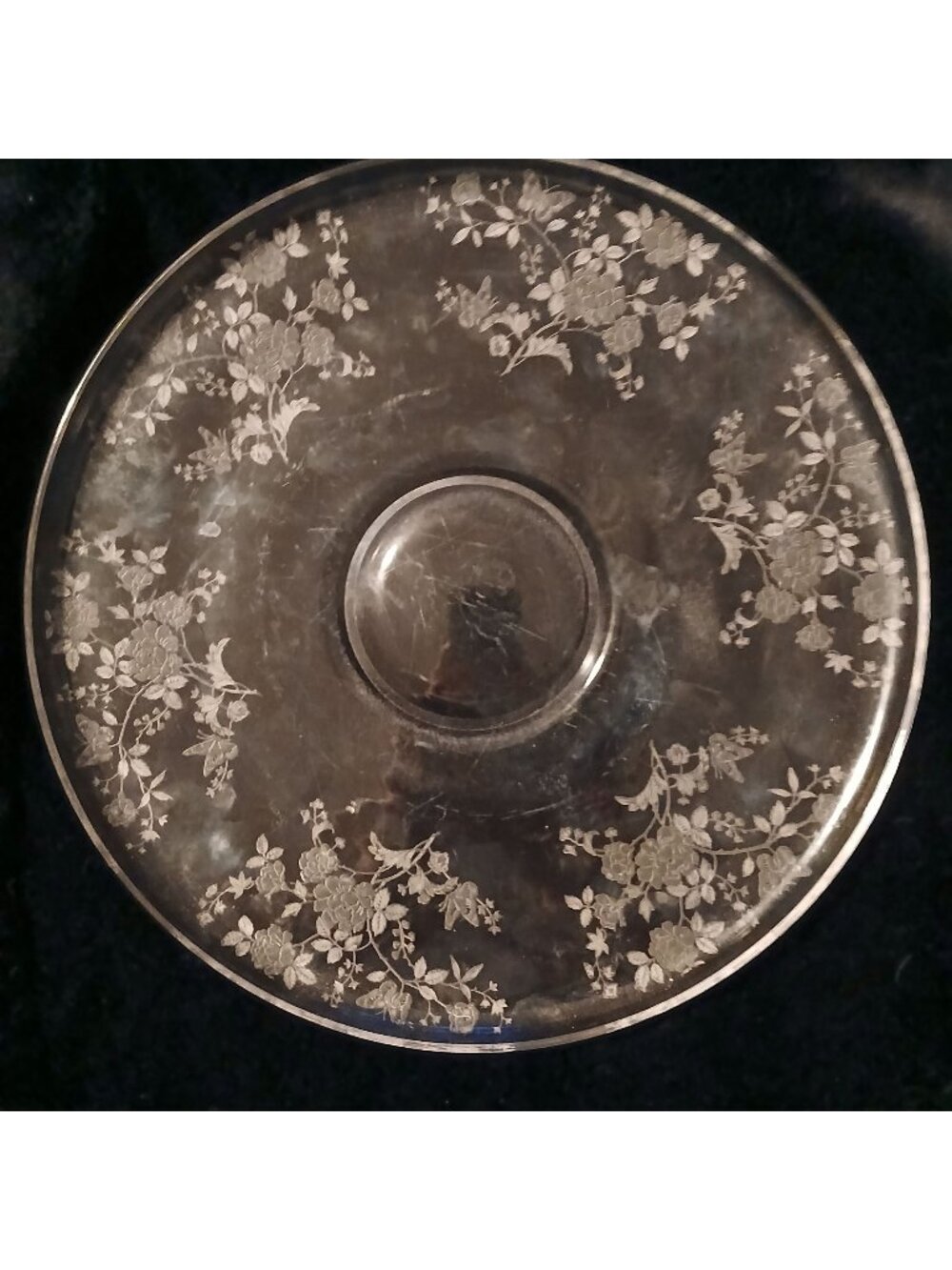 Vtg Clear Glass Plate 14.25" Rose & Butterfly Etching Elegant Serving Plater #SB